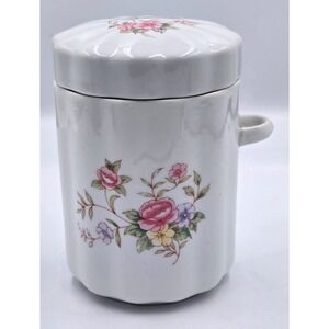 Vintage 1988 FTDA White Ceramic Floral Canister with Lid and Side Handle Fluted